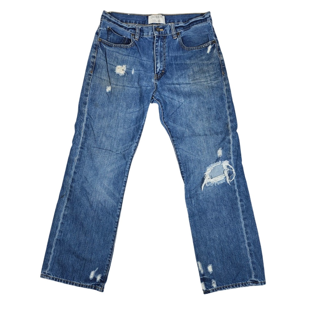 J Crew Mens Jeans 33W 30L Distressed‎ Blue Denim Relaxed Fit Cotton